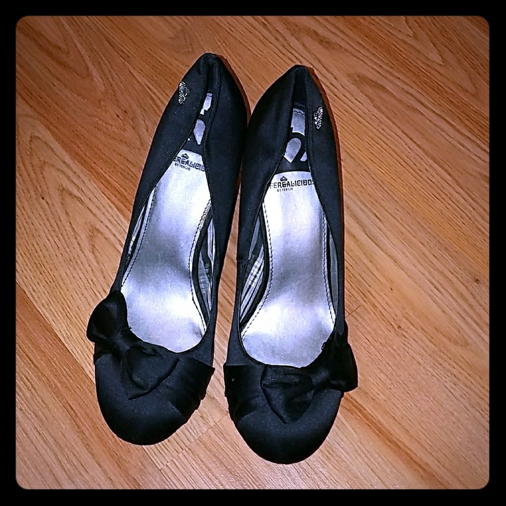 Black Satin Heels with Bow Accent